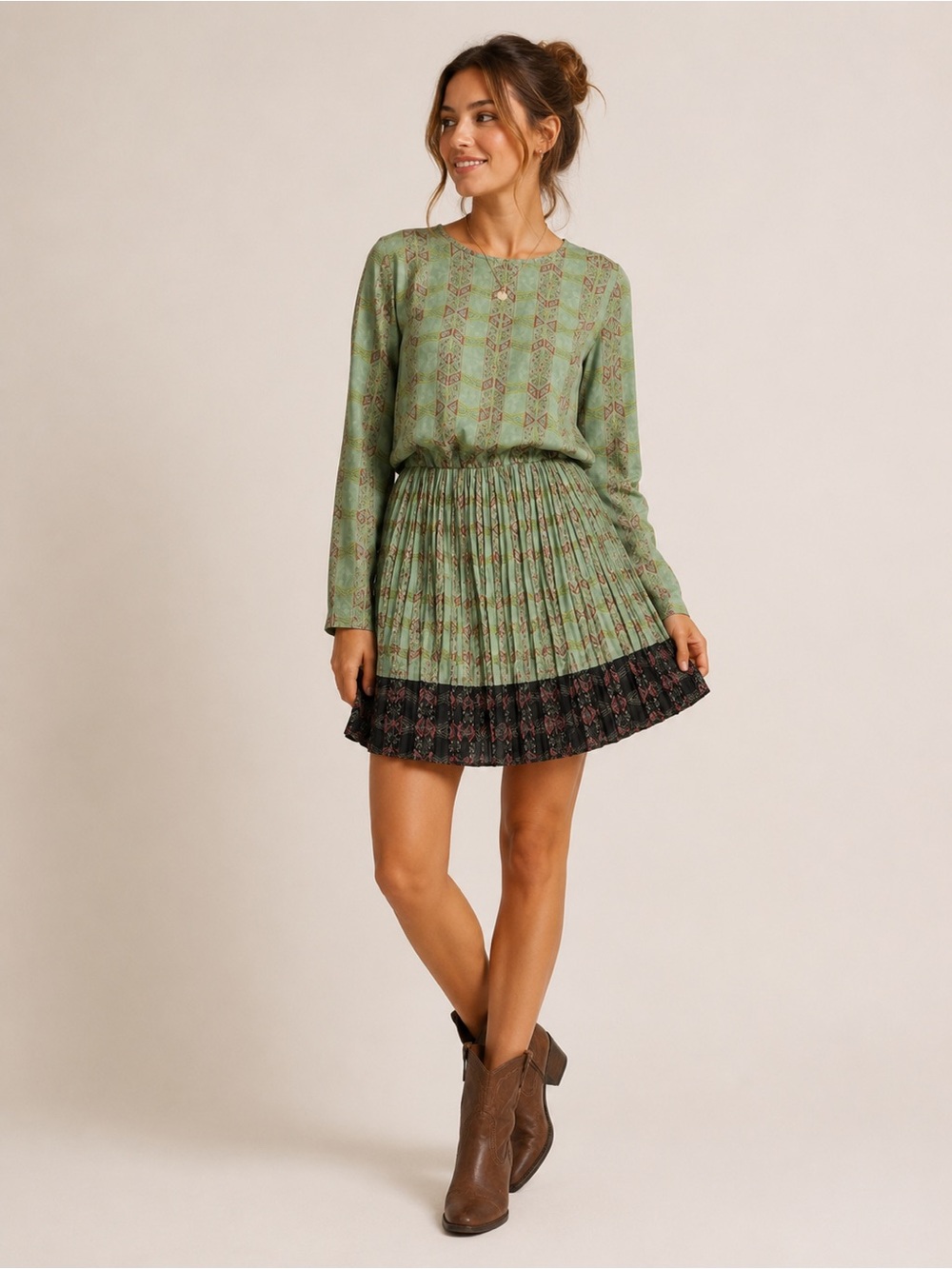 Lavand Boho Pleated Dress XS Mint Green Geometric Print Long Sleeve Festival